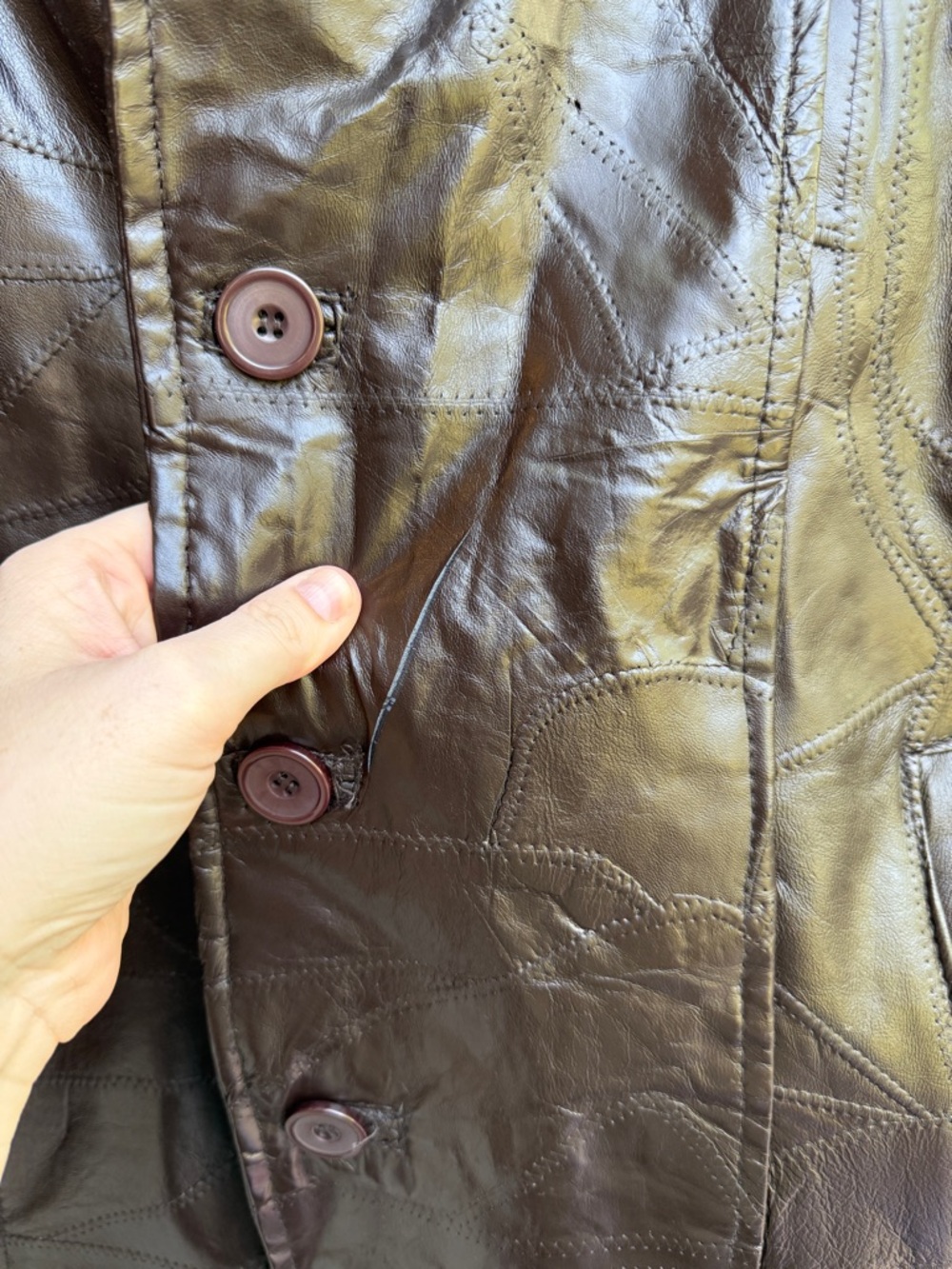 Vintage 90s Brown Real Leather Patchwork Jacket Coat Size Medium M Collection - Picture 3 of 7